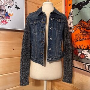 Anthropology Denim Jacket with Gray Knit Sleeves